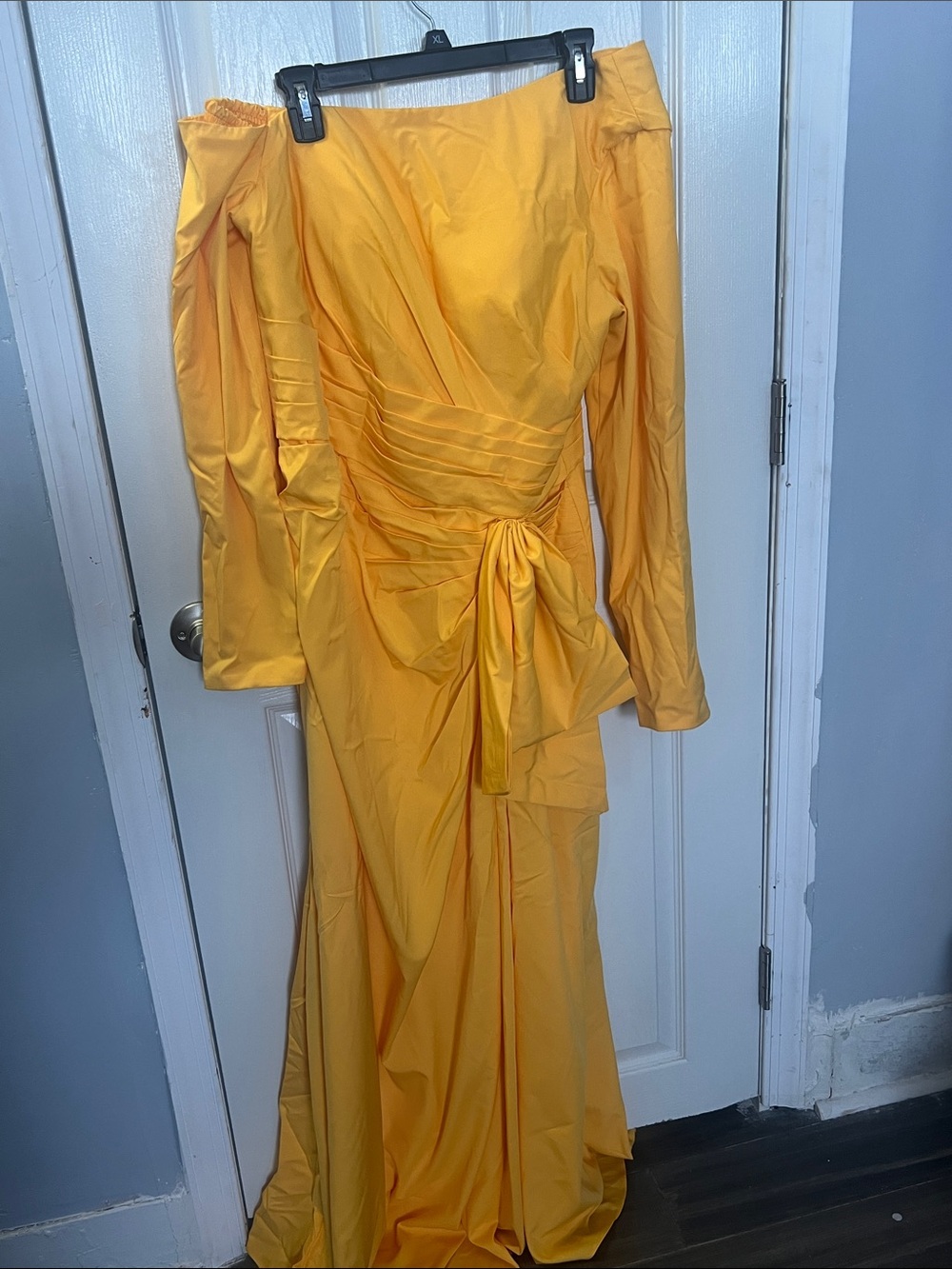 Amazon Yellow Long Sleeve Off-Shoulder Draped Evening Gown